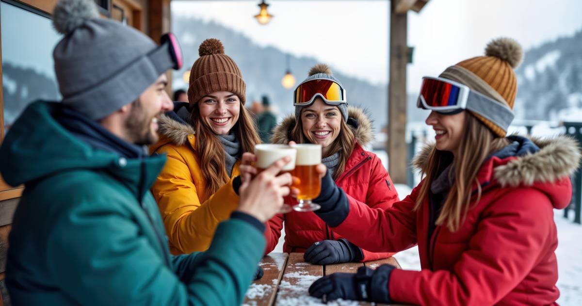 Wintersporters drinken alcohol aan een tafel tijdens het skiën